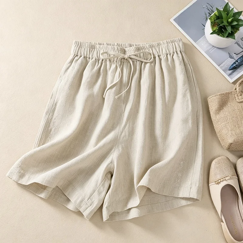 

Elegant Embroidered Cotton Linen Casual Pants High Waist Wide Leg Short Five-Point Summer New Arrival plus Size Women's Trousers