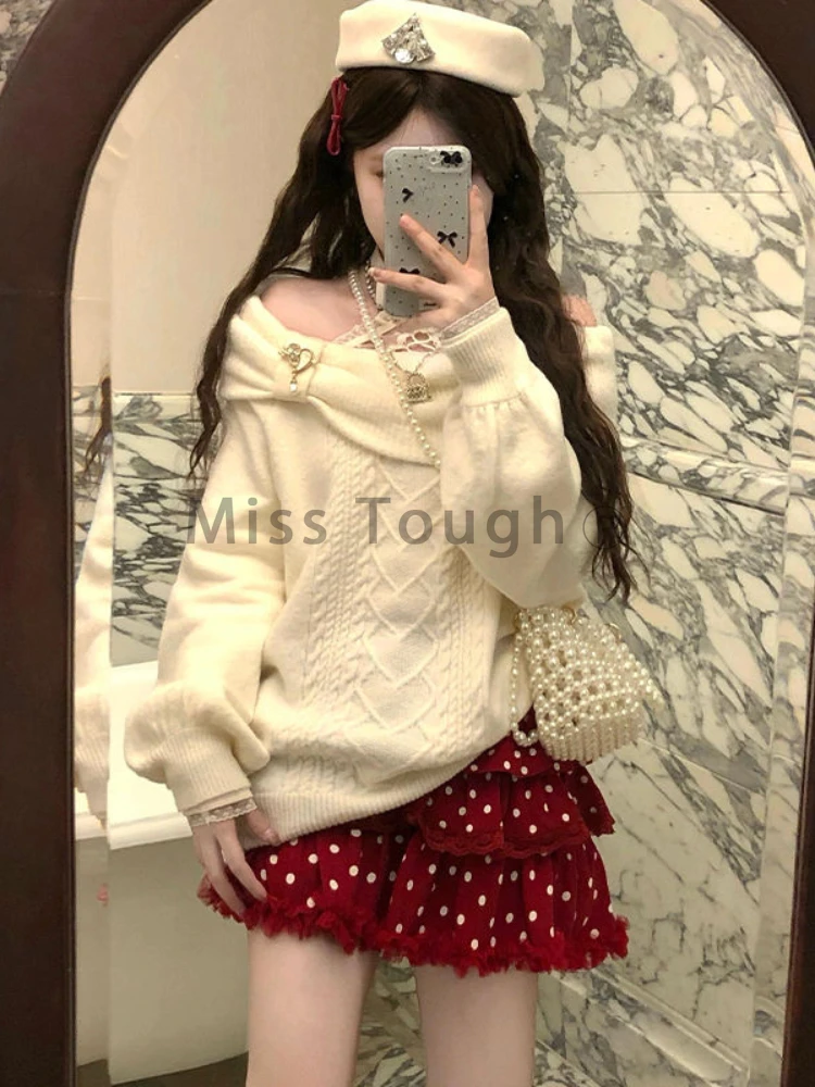 Vintage Kawaii Long Sleeve Knit Sweater Women Design Sweet Off Shoulder Solid Pullover Elegant Chic Knitted Bow Tops Female New