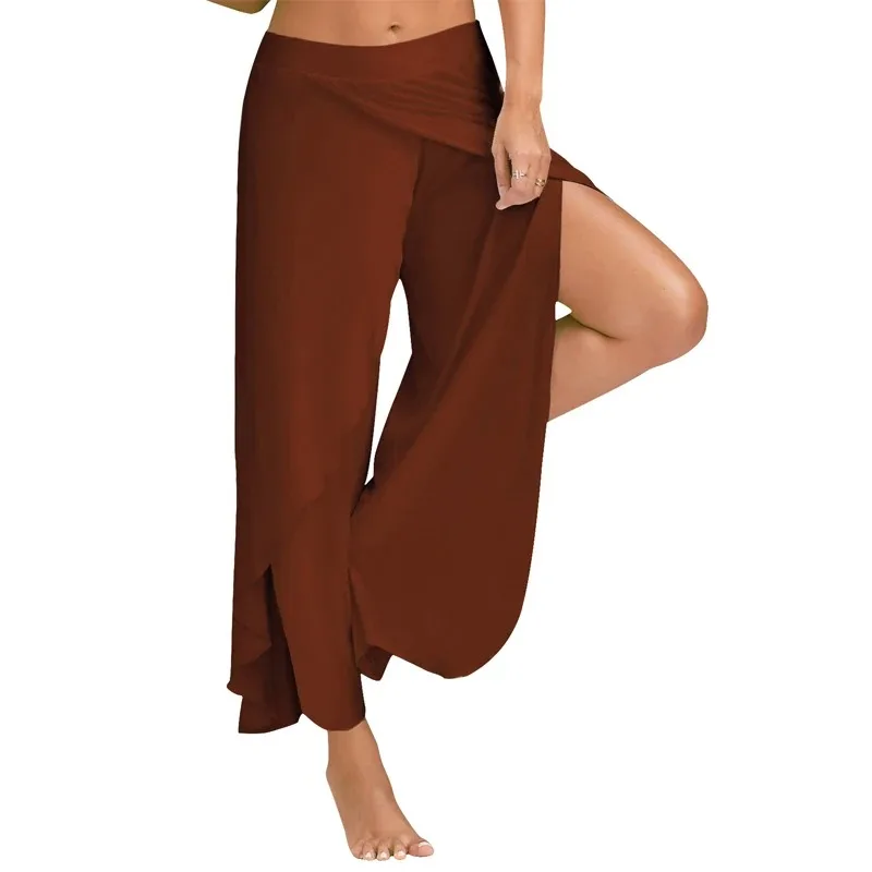Summer Women Slit Flared Palazzo Trousers Wide Leg Pants Chiffon Side Split Casual Loose Pants Elegant Lady Harem Yoga Pants 5XL