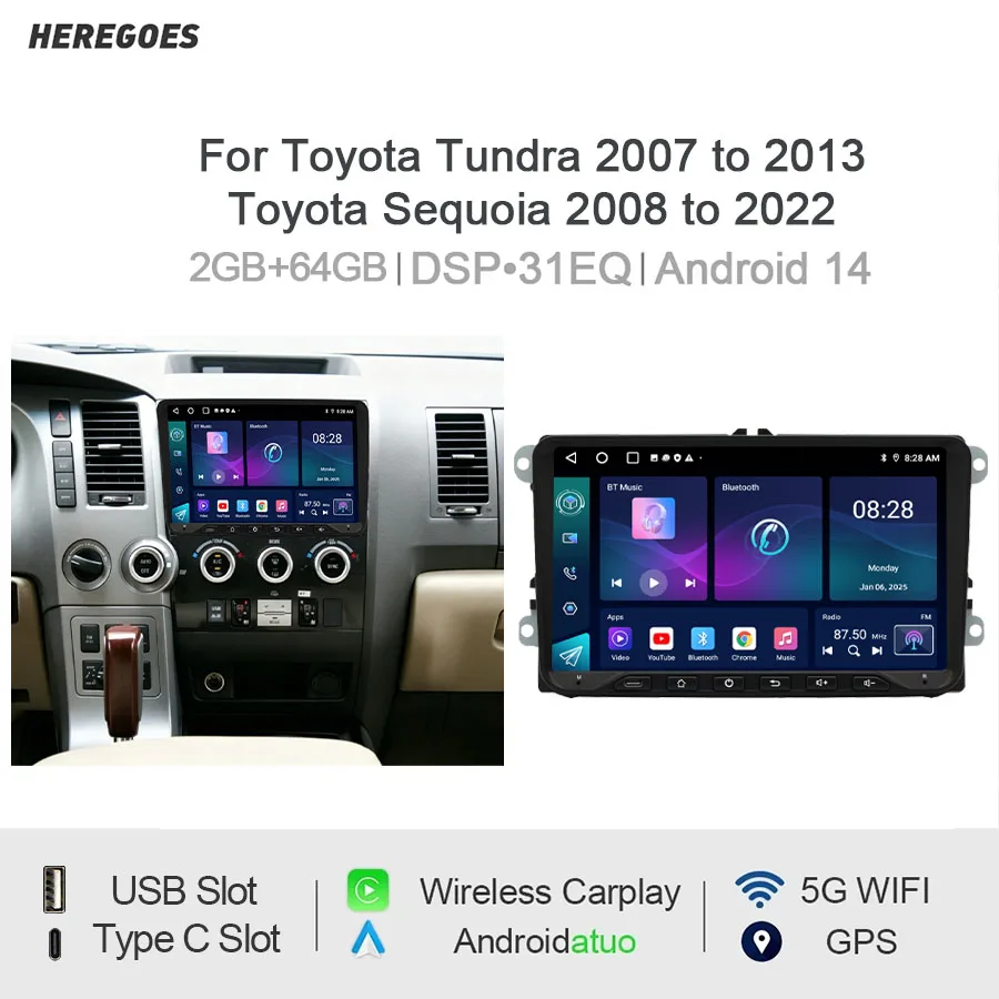 Wireless CarPlay Android Auto Android 14 Touch Screen Multimedia GPS Wifi DSP Mirroring For Toyota Tundra /Sequoia 2007 to 2022