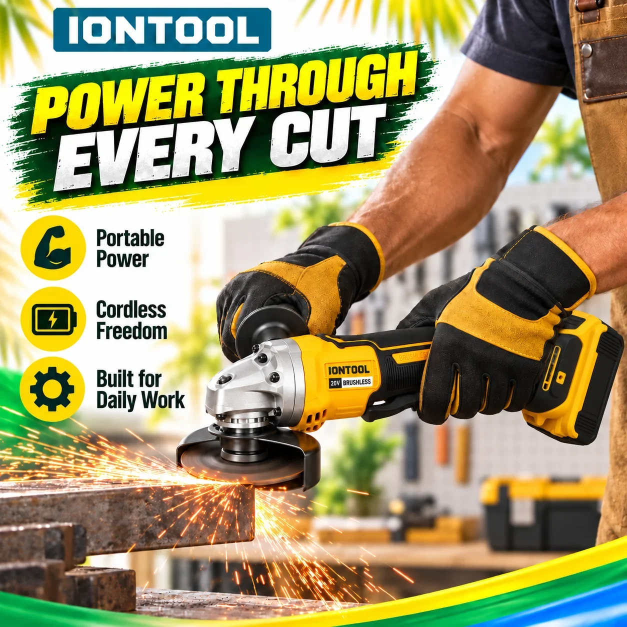 IONTOOL 10000rpm Yellow Cordless Angle Grinder For Metal Pipe Cutting Steel Bar Cutting Rebar Cutting and Bolt Cutting