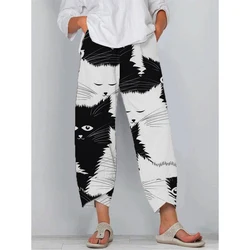 CLOOCL-Pantalon de salon pour femme, motif chat noir et chat blanc, imprimé en 3D, taille élastique, double poche, dessin animé mignon, fjElastic