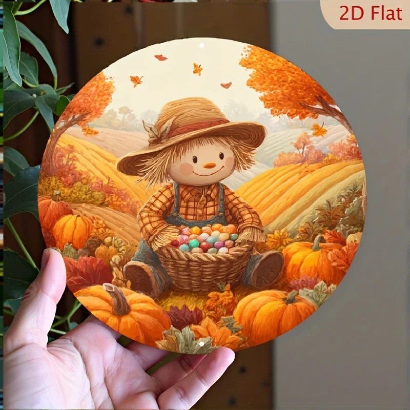 CIFBUY Rustic Vintage Autumn Harvest Scarecrow Pumpkin Fall Leaves Metal Sign Aluminum Wall Art Waterproof Durable Farmhouse