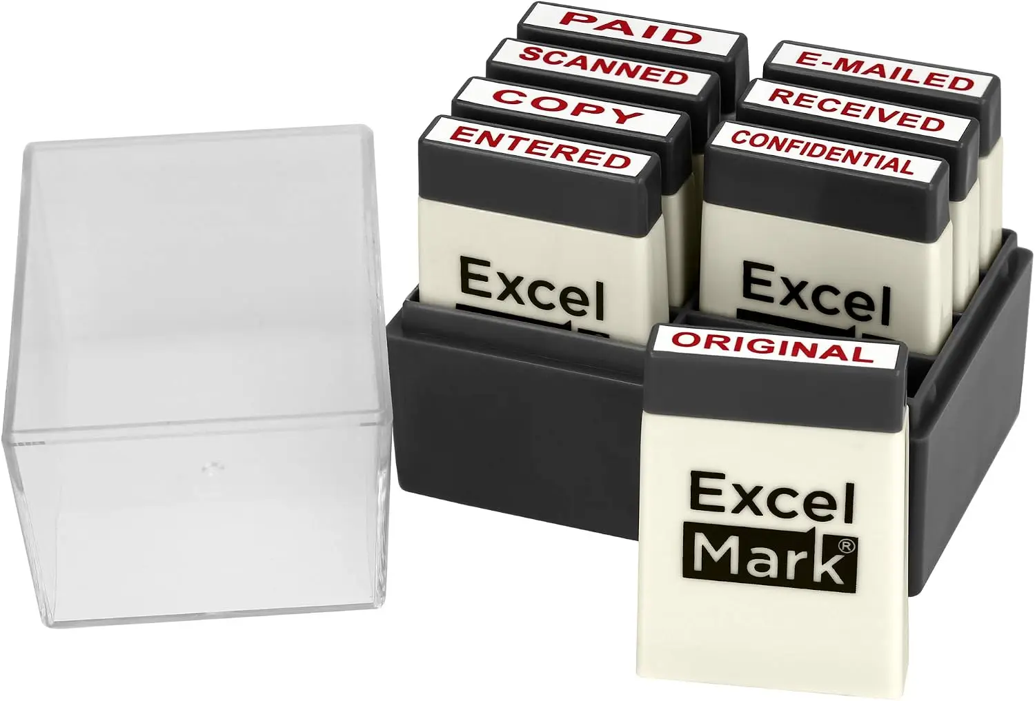 Mini Office Message Rubber Stamp Set 8pcs Red Ink Tray