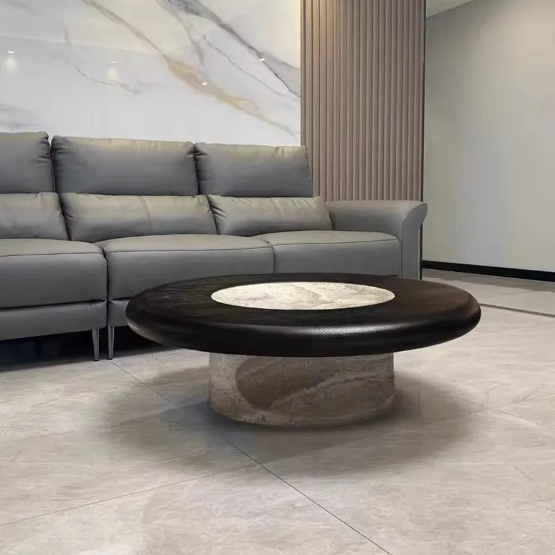 OCustomized Living Room Furniture Wooden Carved Limestone Table Round Travertine Solid Wood Coffee Table