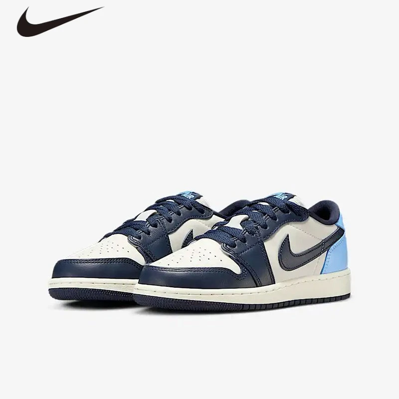 Zapatillas Nike Jordan Air Jordan 1 Low OG GS, zapatillas de baloncesto retro Obsidian UNC con suela de aire de cuero completo para jóvenes CZ0858-400
