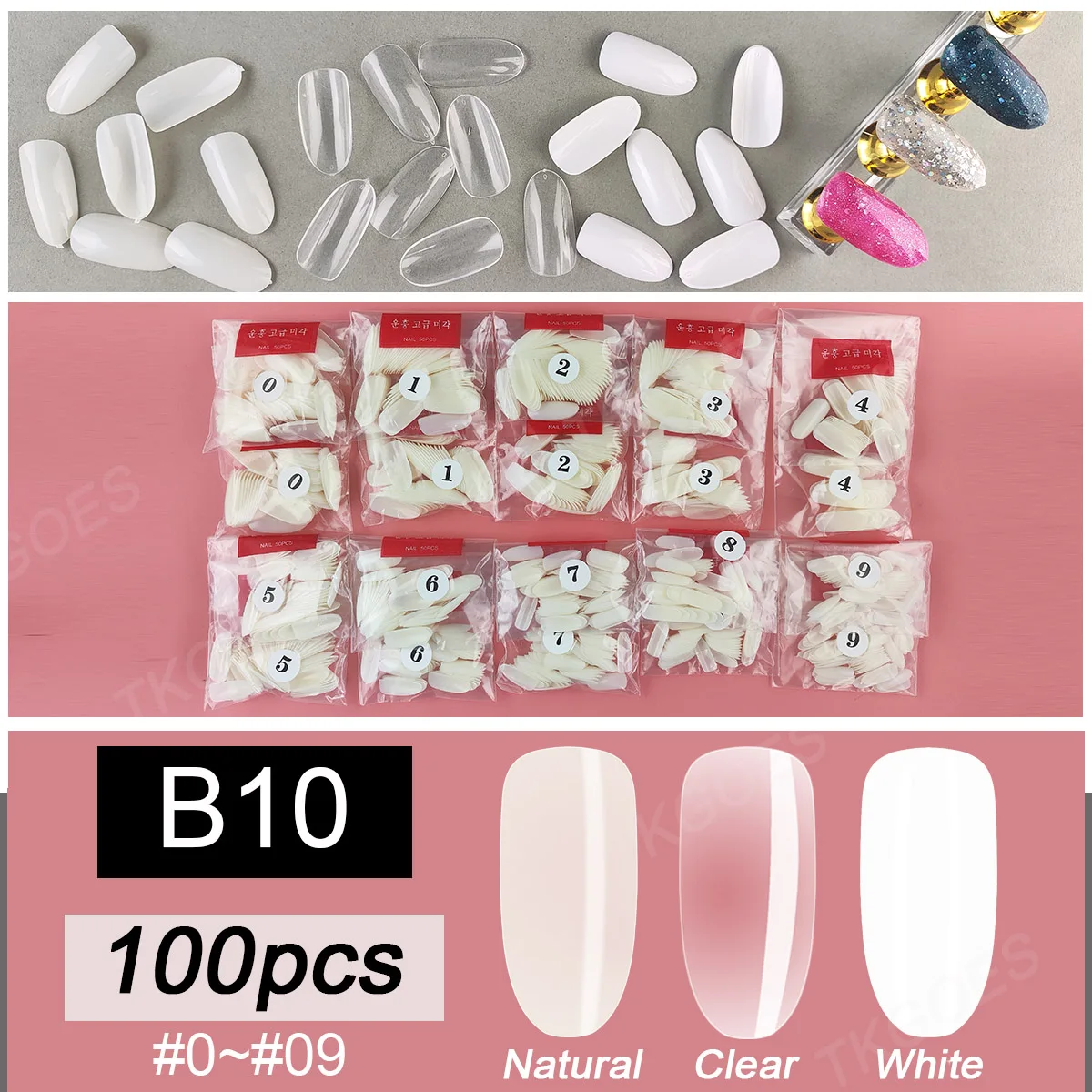 

B10 White Color False Nail Tips Single Size 100pcs #0 To #9 Oval Shape Sold By Specific Size Fake Nail Art Design Display