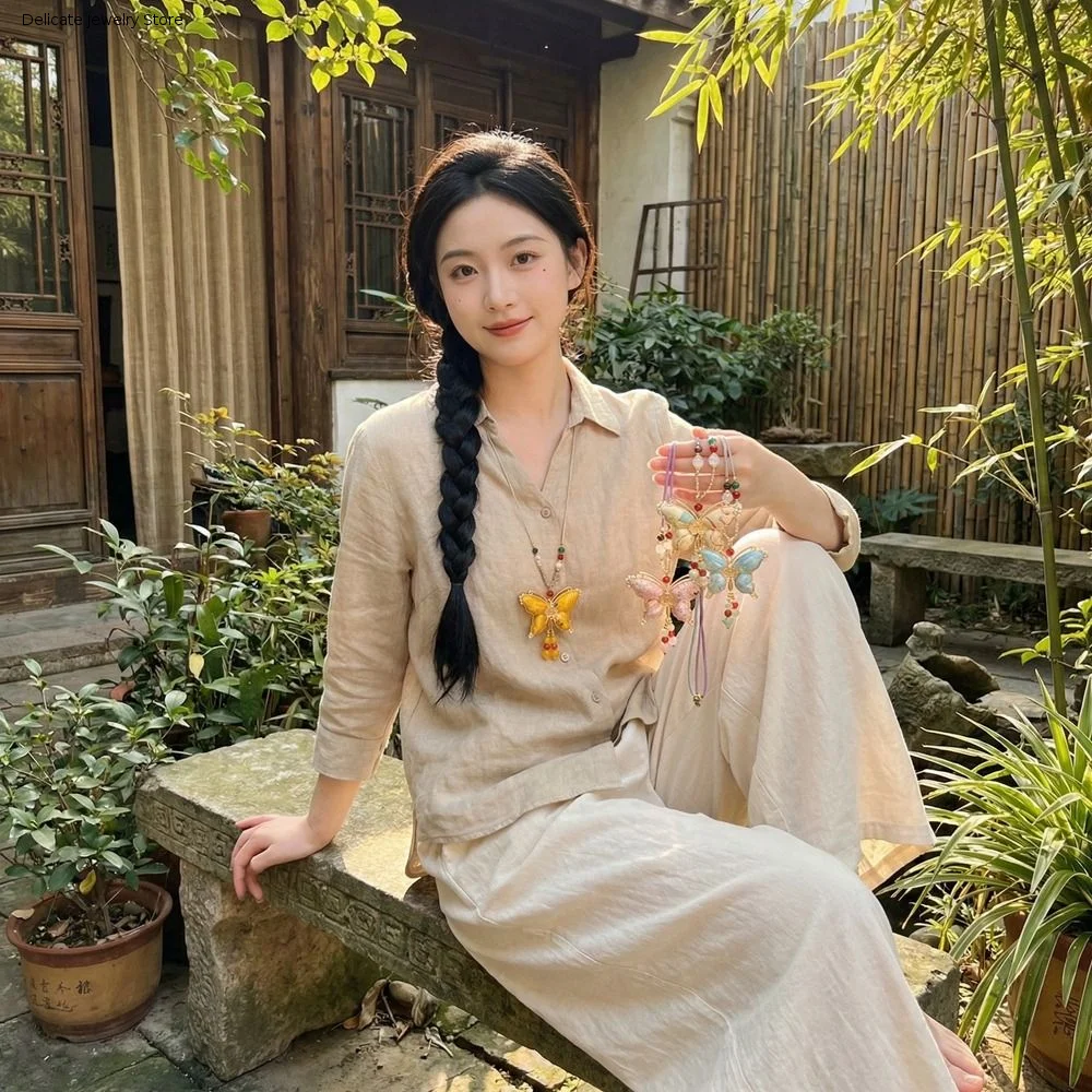 Beads Song Brocade Butterfly Necklace Ethnic Style New Chinese Style Embroidered Pendant Necklace Sweater Chain Exquisite