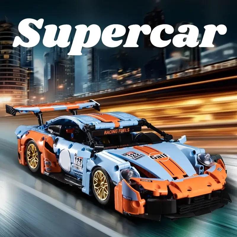مجموعة بناء سيارة رياضية زرقاء مكونة من 1257 قطعة، مجموعة بناء سيارة سباق التحدي للبالغين، مناسبة لسيناريوهات مختلفة، هدية عيد الحب/عيد الميلاد