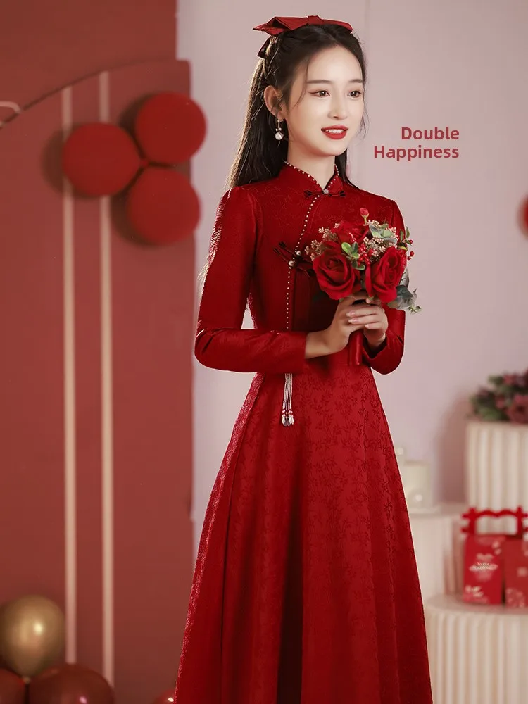 

Chinese Sle Wedding Dr Red Qipao Long Sve mid Waist Cusizable Bridal Gown for Engagement And Wedding Celebration