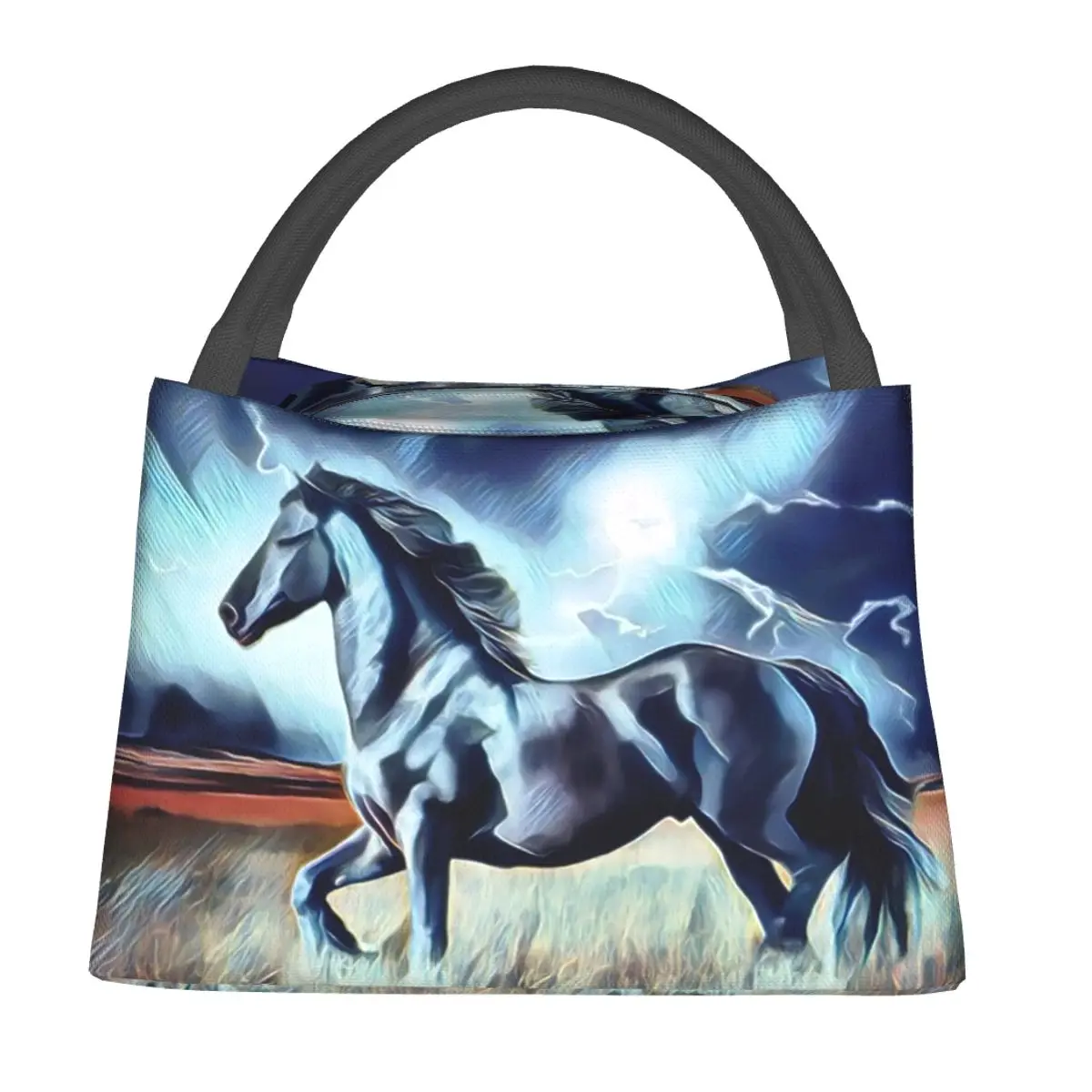 Night Storm And A Black Stallion Horse Art Lunch Bags Bento Box Lunch Tote Picnic Bags Thermal Bag for Woman Student Work