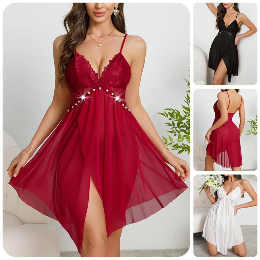 

【New style】Sexy underwear mesh sling skirt colorful pearl pajamas lace splicing dress892