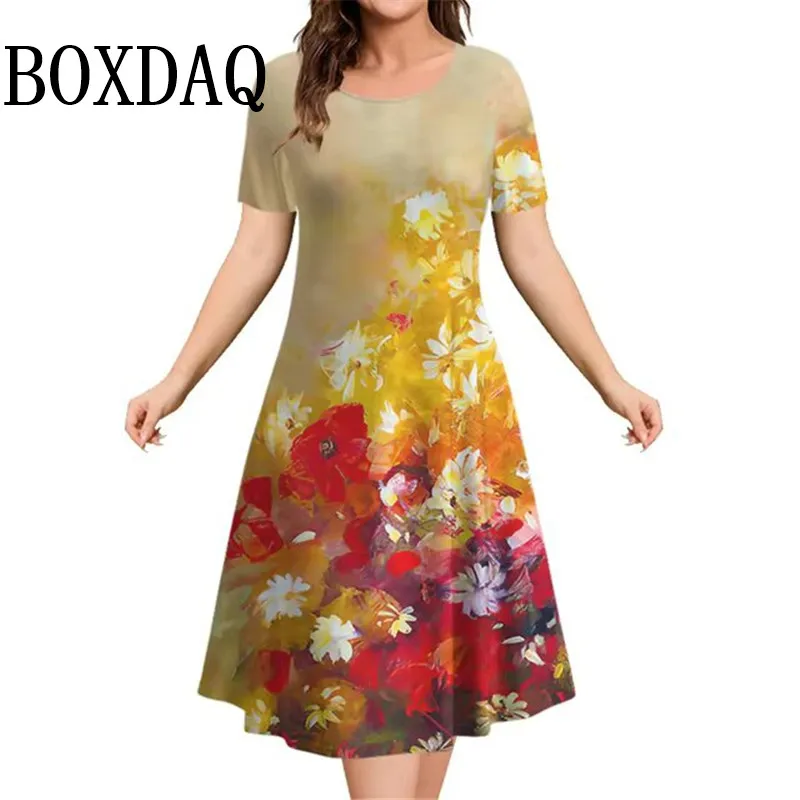 2025 New Spring Women's Dresses Floral Printed Elegant Casual Short Sleeve Dresses Fashion Pullover Loose Women's Mini Dresses