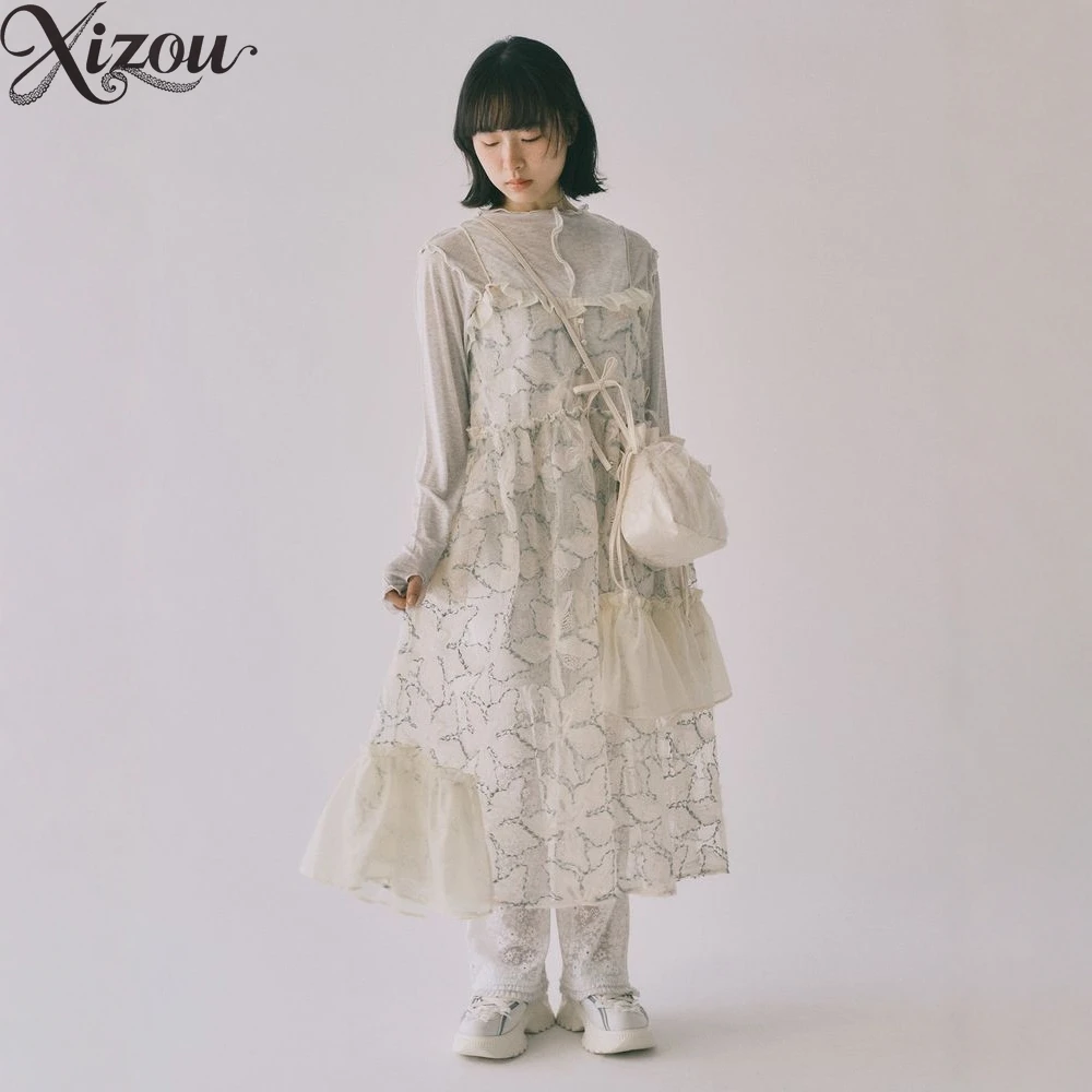فستان فتاة حلوة زهرة كشكش شير بلا أكمام حزام طويل JSK لوليتا فساتين فضفاضة 2025 الخريف اليابانية الدانتيل الجنية سيدة رقيقة #1