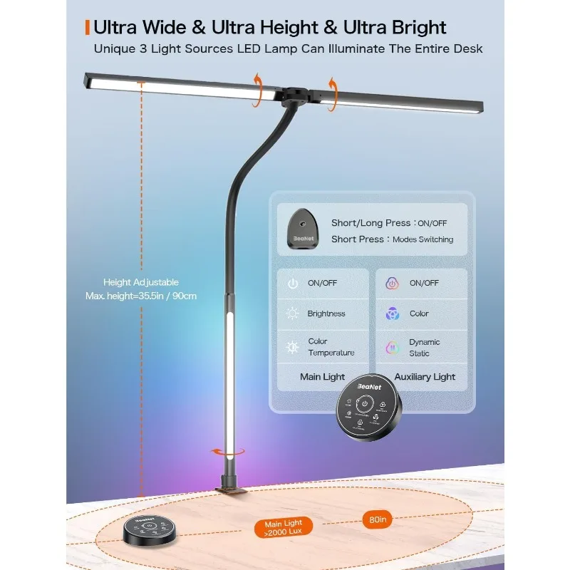 Lampu meja LED dengan penjepit, lampu meja arsitek untuk kantor rumah, lampu Ultra terang 24W dengan lampu suasana RGB, Remote