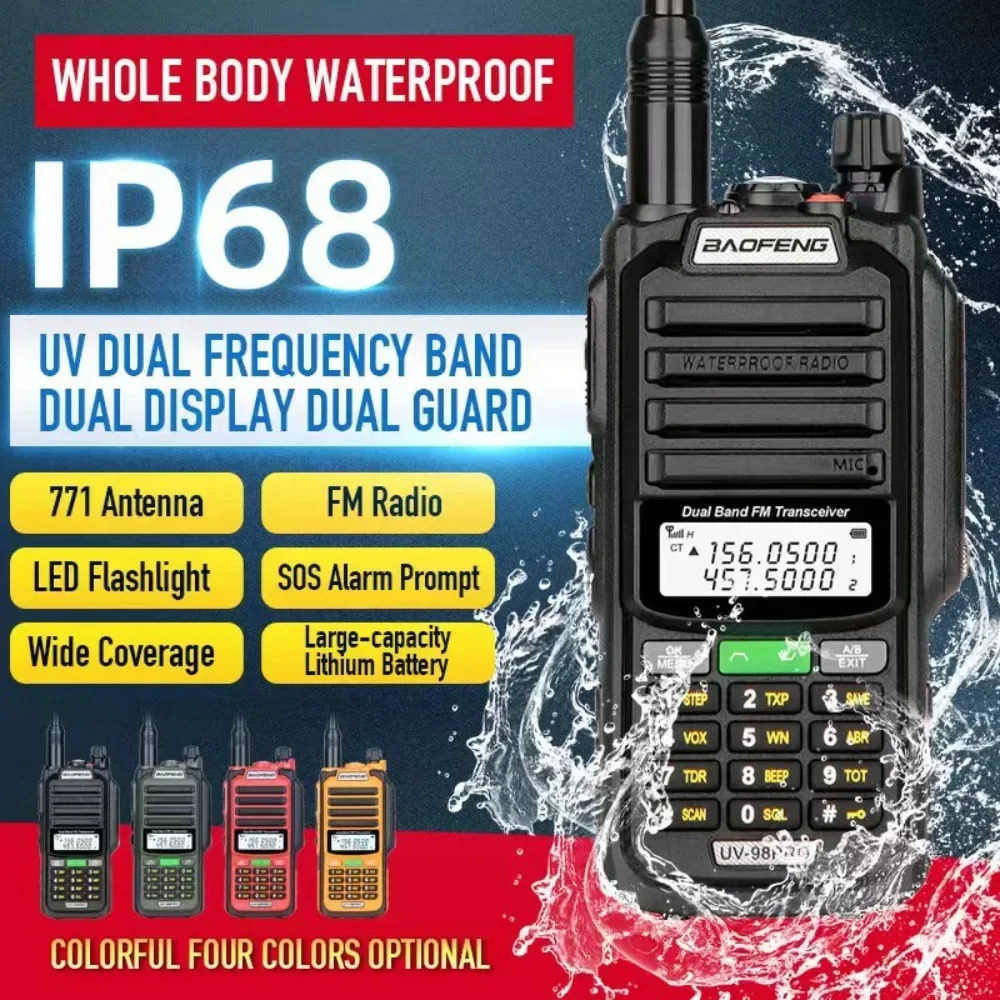 Baofeng-Walkie Talkie de Longo Alcance, Impermeável, Banda Dupla, Rádio FM, HAM, CB, Conjunto sem fio, 50km, IP68, UV-98 Pro, 2022