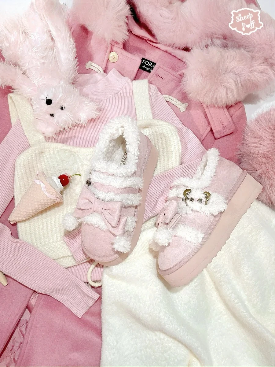 2025 Lolita Velvet Low-top Snow Boots Elegant Women's Bow-tie Warm Muffin-soled Suede Shoes Winter Casual Commuting Short Boots