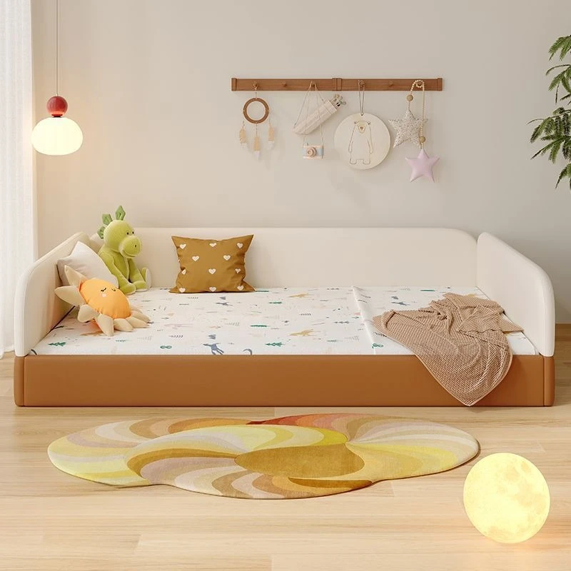 Children's leather high box storage bed simple modern with guardrail baby baby splicing floor bed
