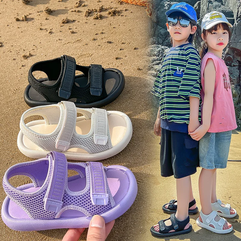 

Children Sport Sandals for Girls 2023 New Soft Mesh Versatile Solid Color Boys Beach Shoes Hook & Loop Summer Kindergarten Flats