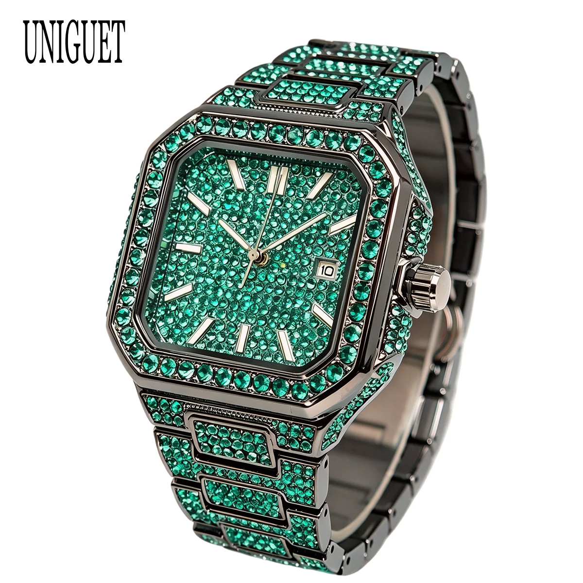 UNIGUET Red Diamond Watch For Man Fashion Hip Hop Full Iced Out Wristwatch Men Personality Colored Jewelry Clock 2026 New
