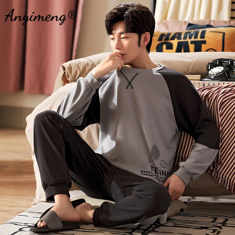 High Quality Pyjamas for Men 100% Cotton Sleepwear Long Sleeved Pullover Sporty Pijamas Autumn Winter Big Size Fat Man\'s Pajamas