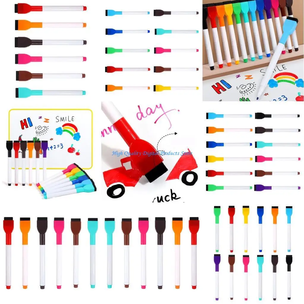 

U2JE 6/10/12 Colors Whiteboard Pens with Eraser Quick-Drying Whiteboard Markers Wipe Clean Erase Marker School Supplies
