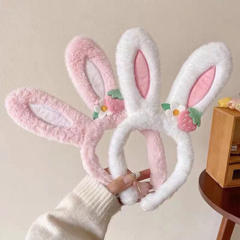 Creative Cartoon Plush Rabbit Ear Headband, Strawberry Flower Rabbit Ear Headband, Easter Happy Gift For Girls, Headband