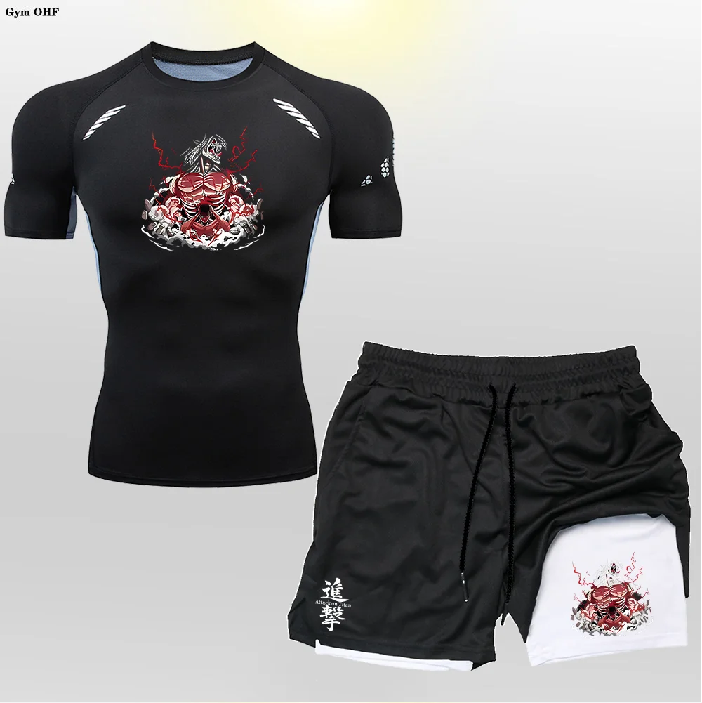 Men\'s Professional Training Anime Printing Theme Set Sweat Absorbing High Elasticity Body Shaping Tight Fashion GYM Running MMA