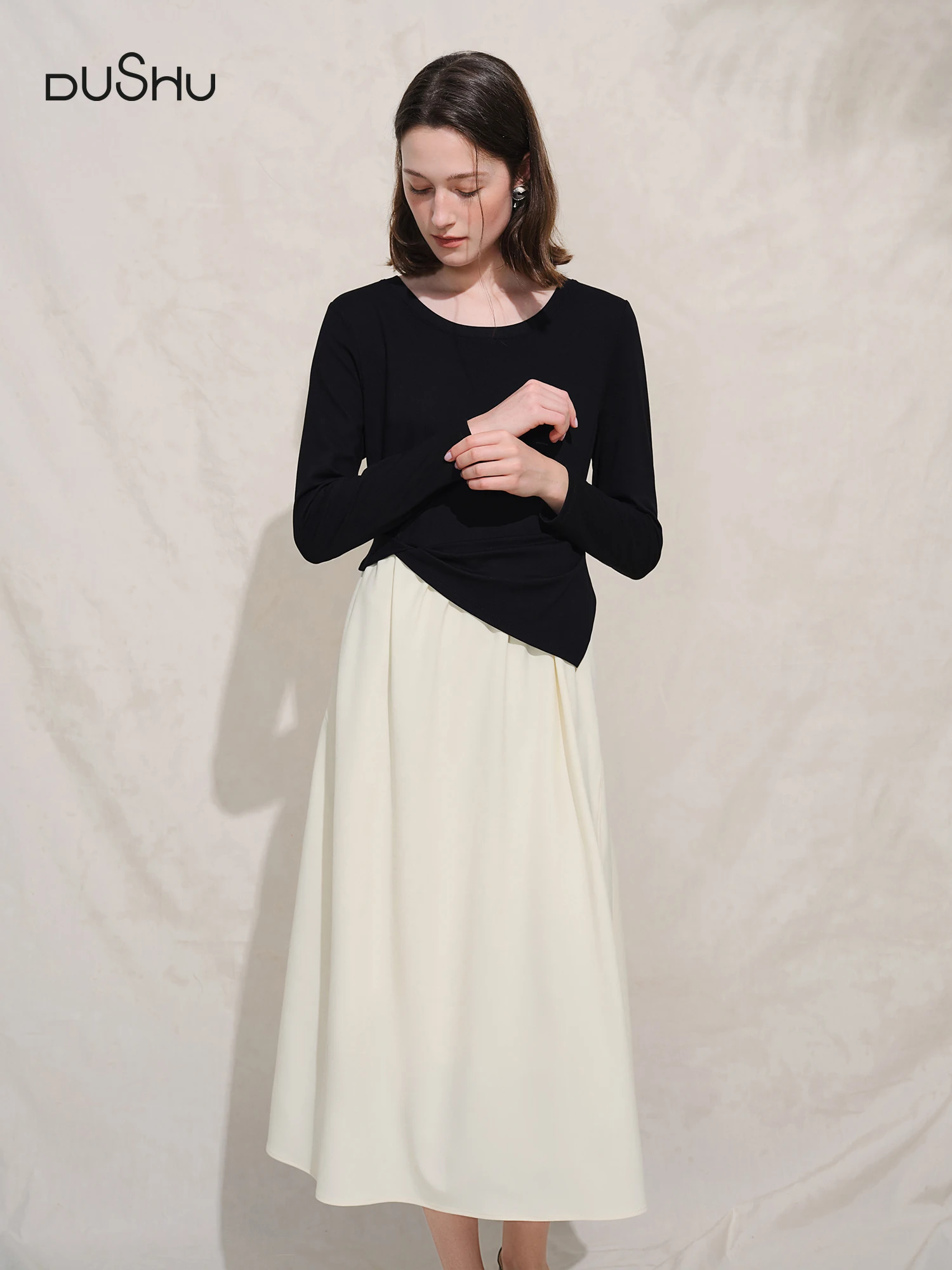 

DUSHU Autumn 2025 Women's French Style Color Block Dress - Contrast Panel Shift Workwear Midi Skirt with Flattering Fit