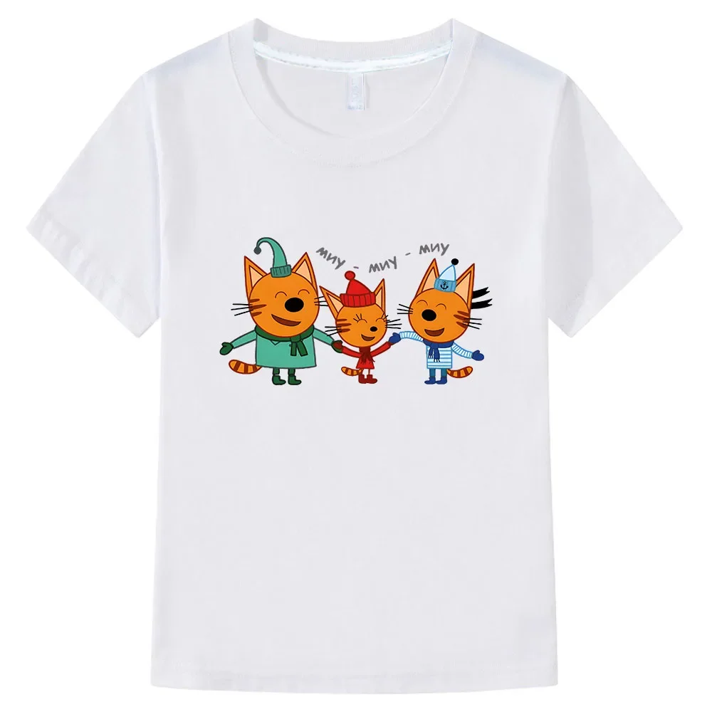 Kid-e-cats Print T Shirt Cartoon Kids T-Shirts Three Kitten Russian Funny Girls Clothing Summer Children Tops Baby Boys Clothes