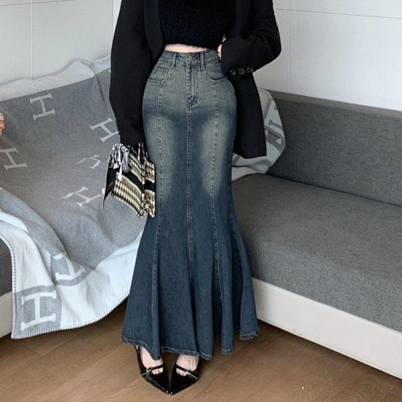 

HOUZHOU Vintage Denim Maxi Skirt Women Korean Style High Waist Distressed Ruffles Bodycon Sexy Mermaid Long Skirt Fashion Girl