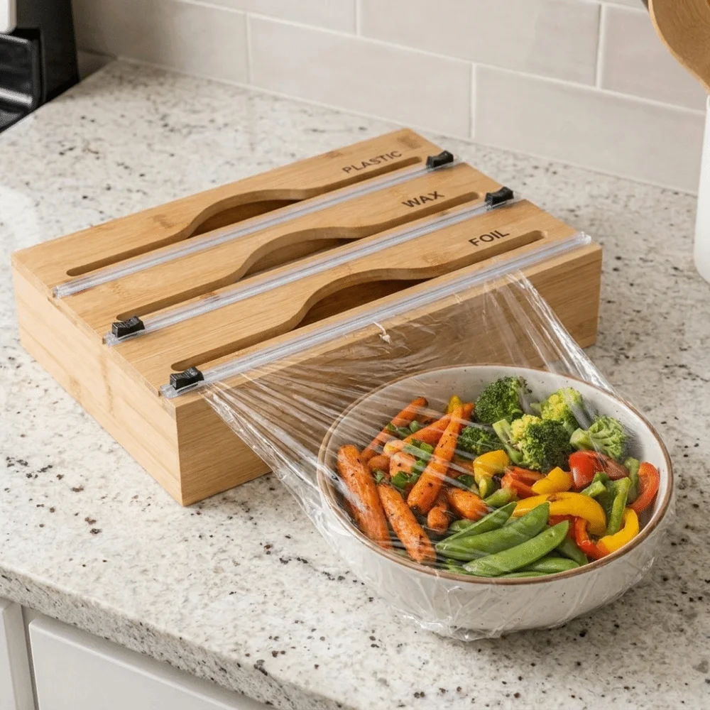 Bamboo Cling Film Cutter Box 2 /3 Grids Refillable Plastic Wrap Cutter Box with Slide Cutter Wall Mounted Wrap Dispenser