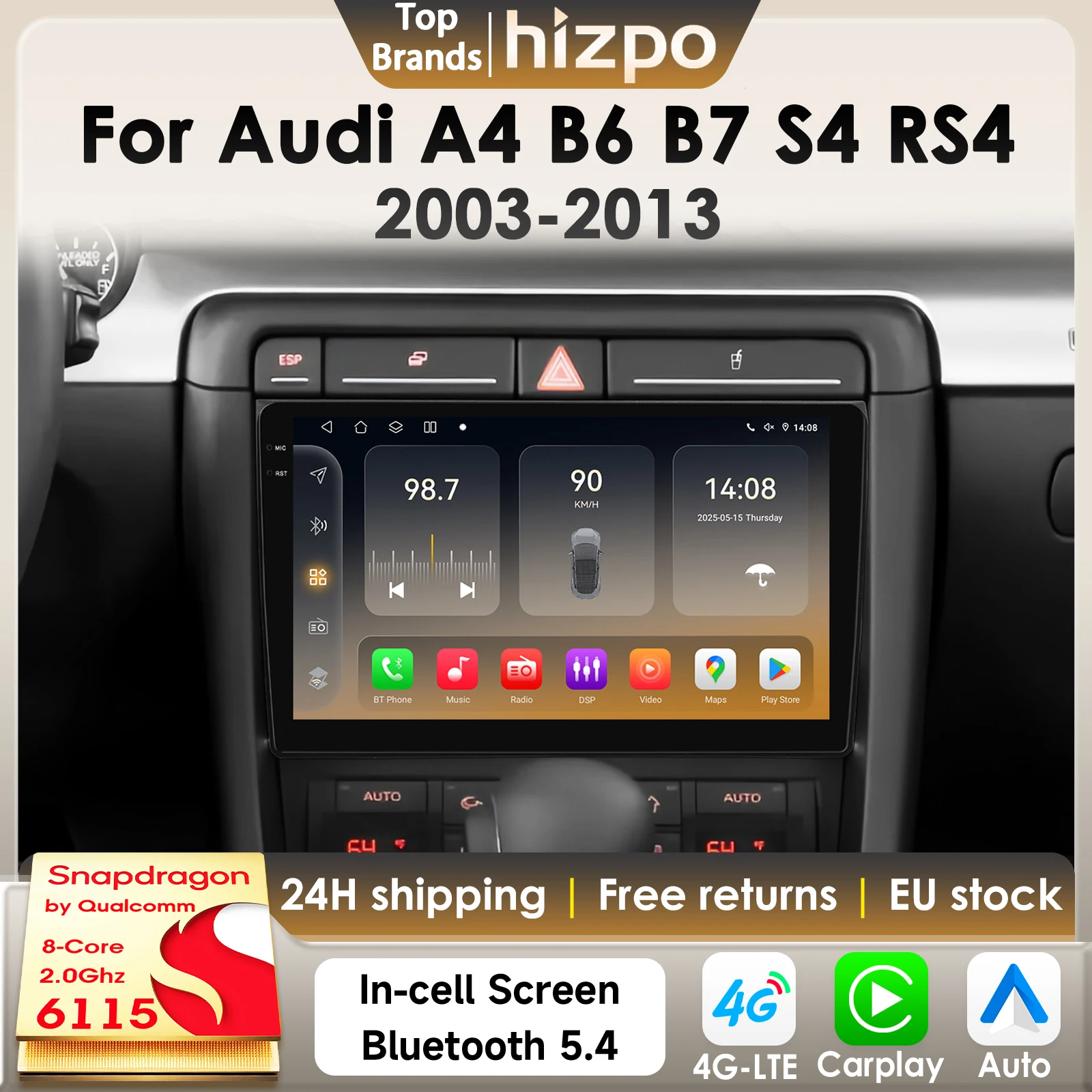Hizpo Carplay Android Auto Autoradio Lettore Multimediale Per Audi A4 2 3 B6 B7 S4 RS4 2000-2009 GPS 2Din Stereo DSP 360Camera 6115