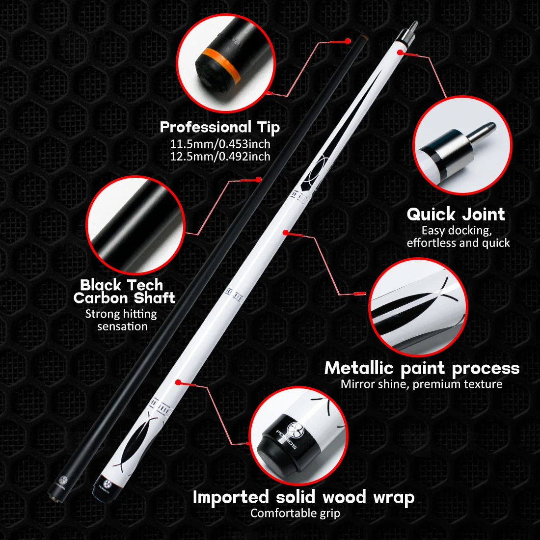 PONIOS Carbon Fiber Pool Cue Stick, 2pieces 58inch Low Deflection Professional Cue Stick for Billiards, Carbon Fibre Shaft with 11.5mm/12.5mm Tip (19oz-20oz) view 3