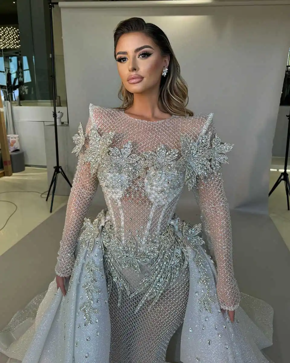 Robe de Mariée Sirène Sexy, Transparente, Fleurs de Clip, Quelle que soit la Mariée, avec Poignées, Traîne Amovible, Brillante, sur Mesure