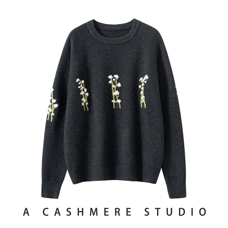 

100% Cashmere O-neck Jacquard Pullover Women's Thick Clothes Autumn and Winter High-Quality Sweater Cashmere Knit Top