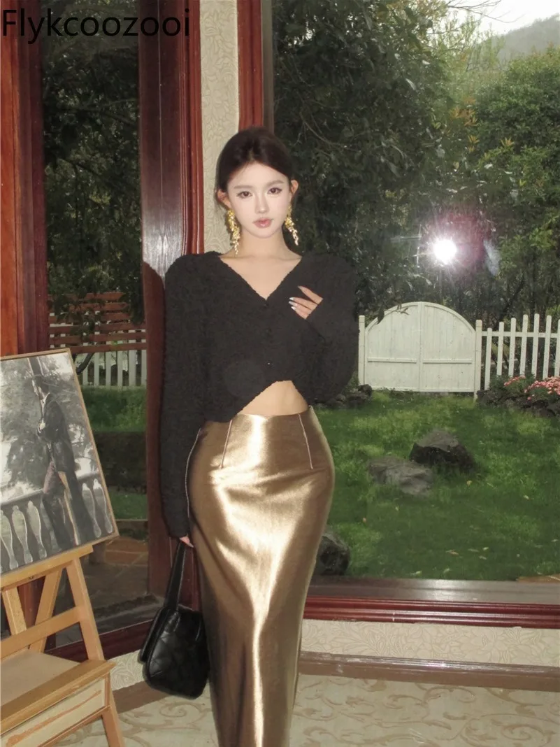 2024 New Long-sleeved V-neck Cardigan High-end Satin Chinese-style Gold Skirt Slim Fit Vintage Costume Deux Pieces Femme