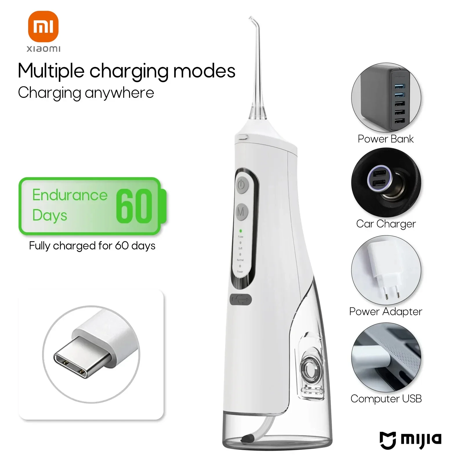 Xiaomi Mijia-Irrigateur Oral, Détartreur Dentaire, Jet d\'Eau Dentaire Portable, Étanche IPX6, 5 Vitesses de Réglage, 350ml