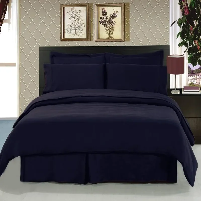 Queen Size Bed in a Bag 8 Piece Set 600 Thread Count 100 Cotton Sheets Down Comforter Solid Navy Duvet Cover Bedding Set