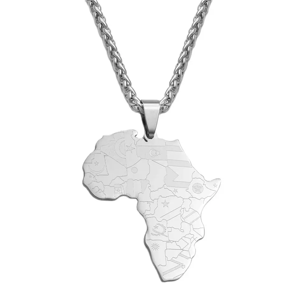 Anniyo Silver Color Stainless Steel Polishing Africa Map Flag Pendant Chain Necklaces African Maps Jewelry for Women Men #126121