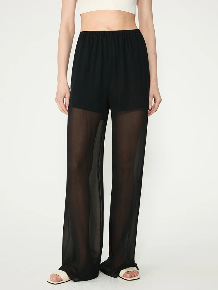 Lightweight Thin See-through Splice See-through Layered Fairy Loose Elastic Waist Straight Leg Casual Pants for Women