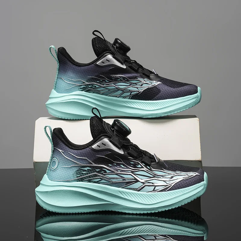 Boys' Rotating Button Sneakers, Breathable Mesh Sport Shoes, Non-Slip Lightweight Running Shoes for Kids