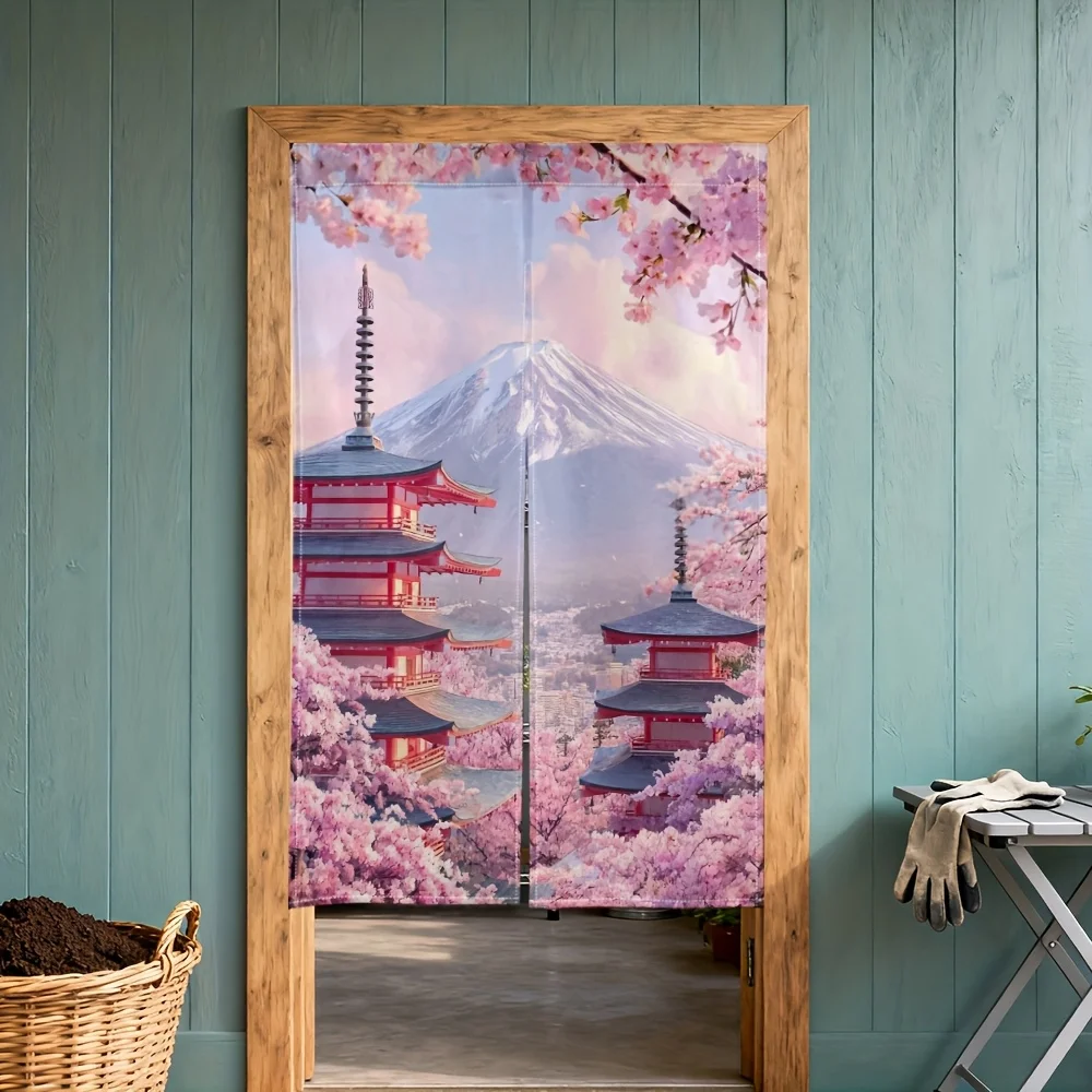 Japanese Noren Curtain Sakura Temple Mount Fuji Blue Wall Door Decor