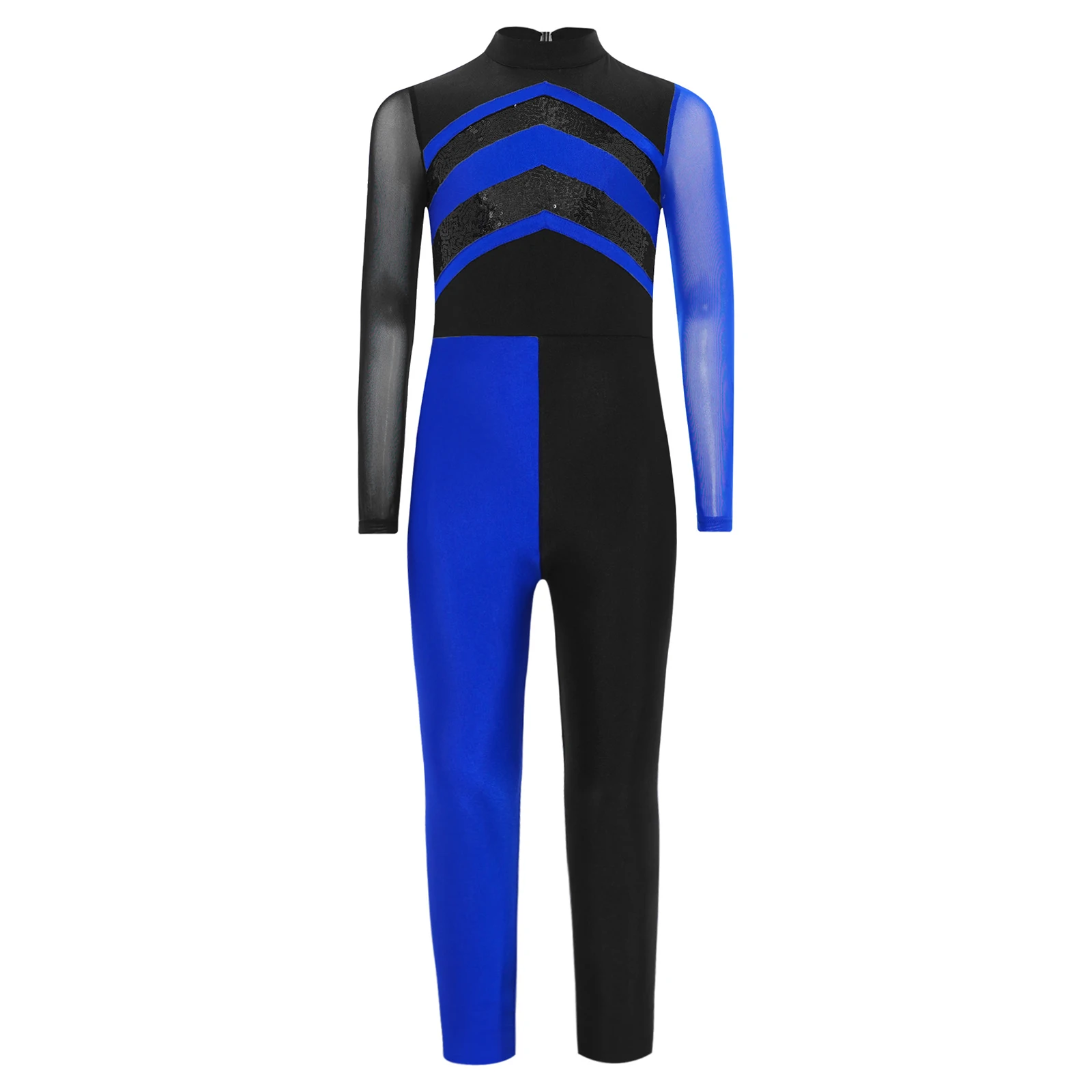 Body de baile con lentejuelas brillantes para niñas, mono de gimnasia con bloques de Color, mono con cuello simulado de malla transparente de manga larga con recorte en la espalda