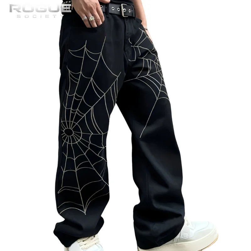 Streetwear Summer Spider Web Print Jeans Men Harajuku Baggy Y2K Denim Pants Loose Casual Hip Hop Gothic Straight Trousers Unisex