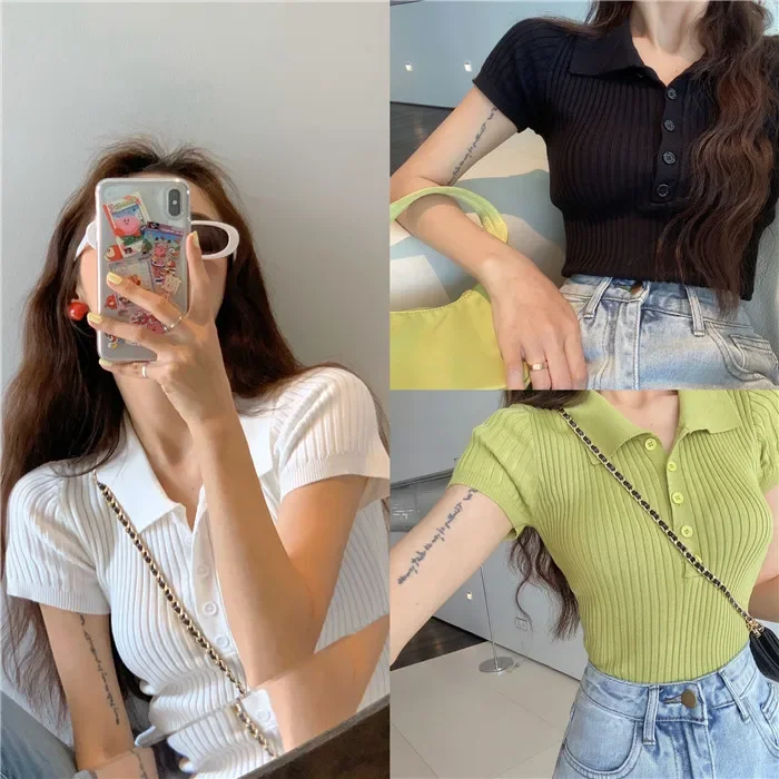 Women's Summer Polo Collar Short Sleeve T-shirt Cropped Tight Top Knitted Top French Style Niche Design Sensibility