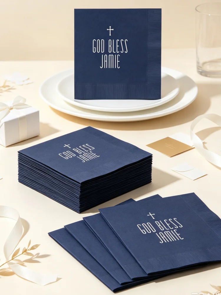 Custom Navy Blue Baptism & First Communion Napkins, God Bless Child Quote, Gold Foil Neutral Decor for Boys, Cocktail Napkins