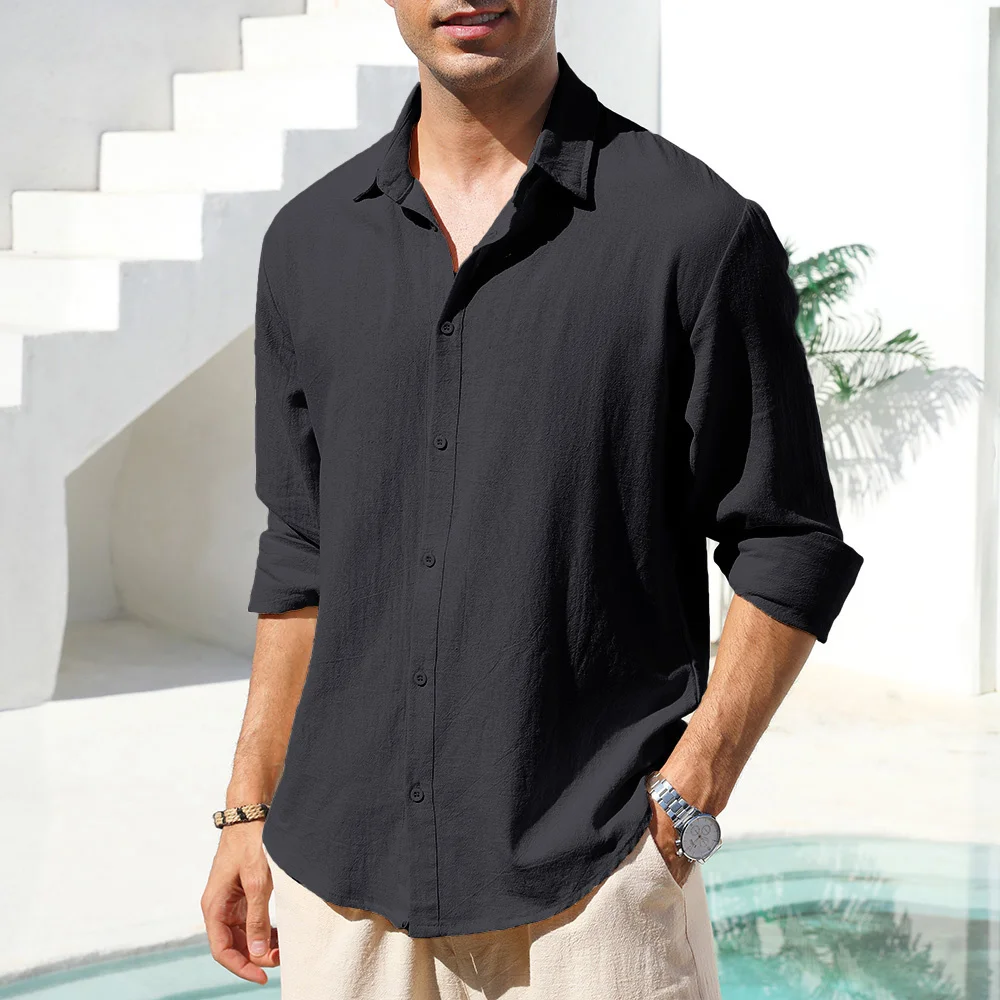 

Мужская рубашка из хлопка и льна с длинным рукавом, однотонная, дышащая, легкая, уютная, в гавайском стиле, на одной пуговице