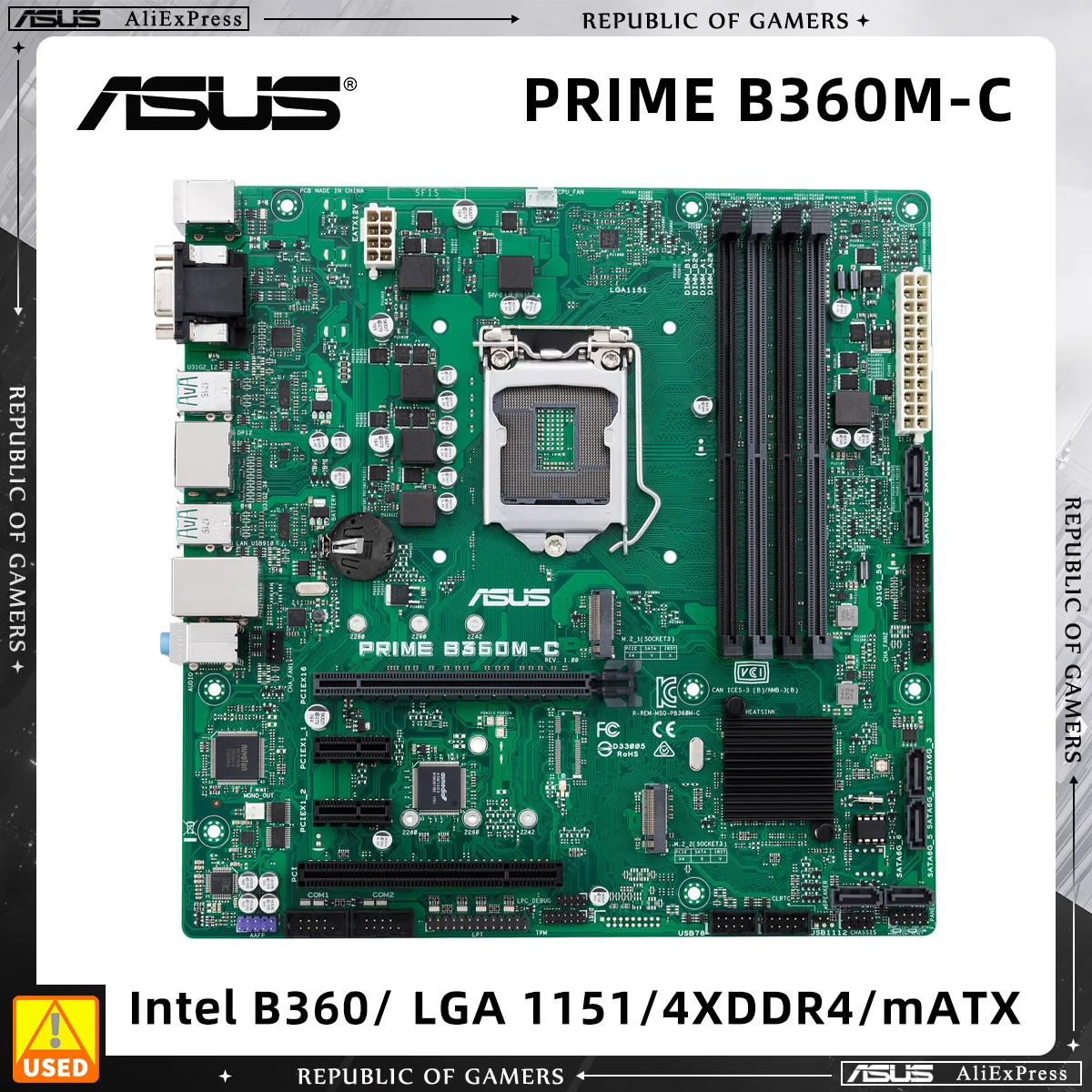 

Used Motherboard, ASUS PRIME B360M-C, B360 Chipset, LGA 1151 Socket for 8th 9th Gen Core CPU, Micro ATX Form Factor, 4 DDR4 Slot