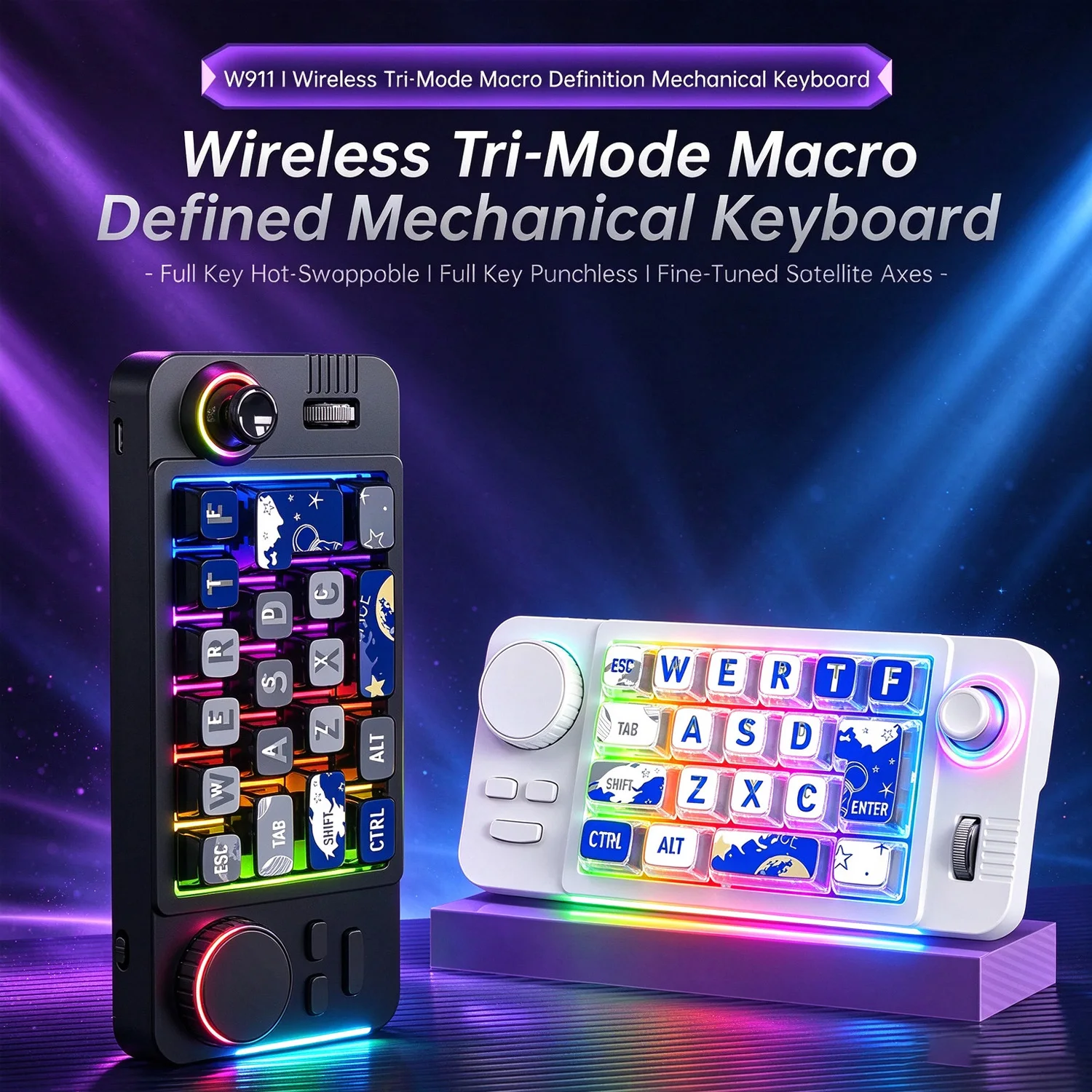 W911 Hot Swap Mechanical Gaming Keypad Tri-Mode Bluetooth 2.4G Wired RGB Backlit Programmable Keyboard Joystick for Windows Mac